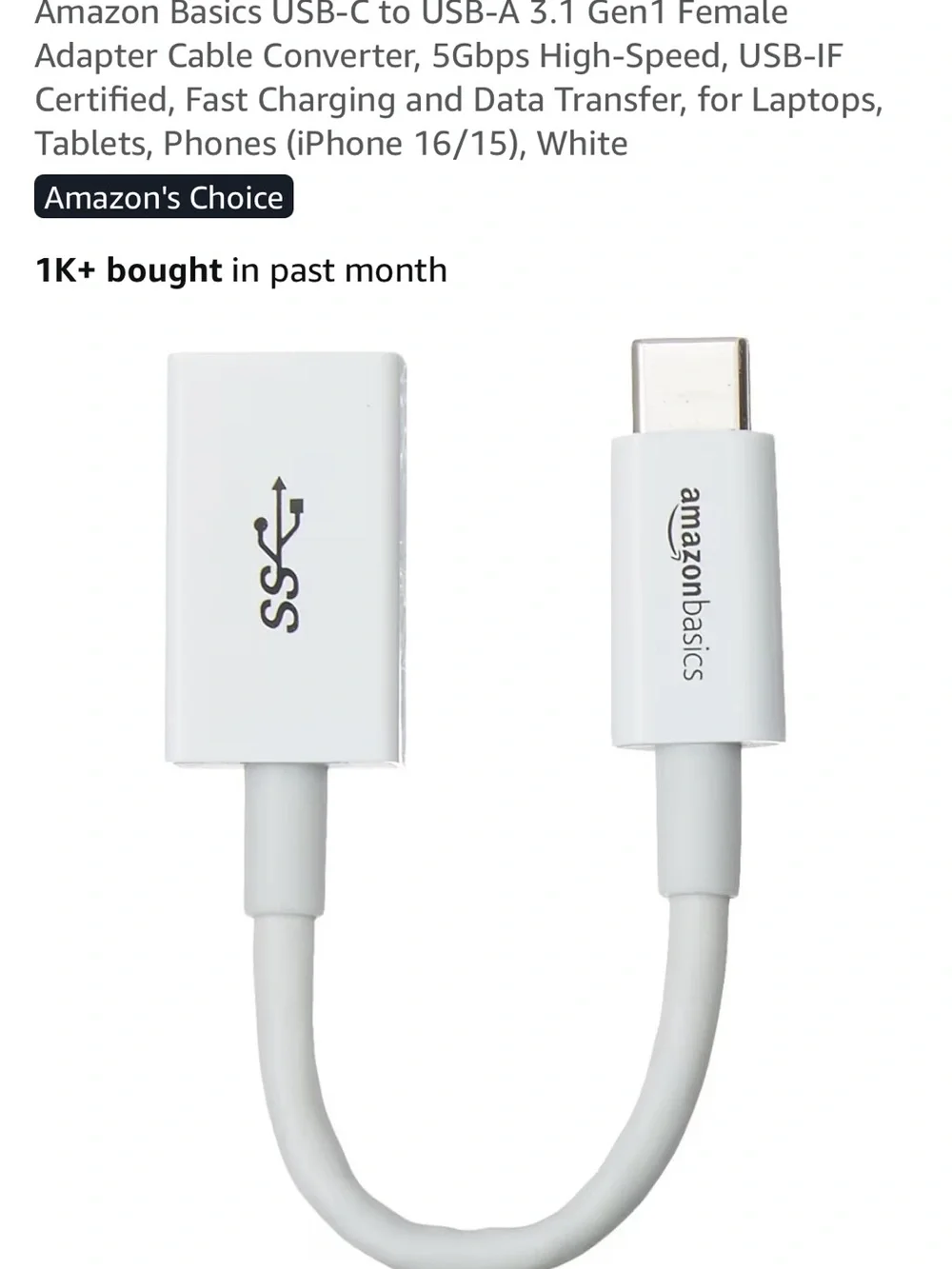 AmazonBasics USB-C to USB-A 3.1 Female Adapter Cable - White